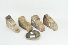 A group of petrified wood sections, comprising two pairs in the form of bookends,