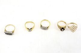 Five 9ct gold dress rings, four set with diamonds and coloured stones.
