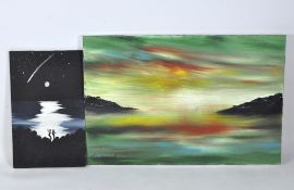 Two Stourton acrylic paintings, one acrylic on canvas depicting a coastal landscape, 60cm x 91cm,