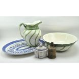 A collection of 19th century ceramics, including a green glazed wash bowl and jug,