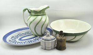 A collection of 19th century ceramics, including a green glazed wash bowl and jug,