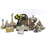 A collection of metalware and ecclesiastical collectables including bells, a large key, small boxes,