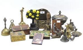 A collection of metalware and ecclesiastical collectables including bells, a large key, small boxes,
