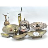 A collecton of metalware, including a pierced copper bowl with fluted rim,