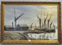 A J. A. Jones acrylic on board, depicting a harbour scene.