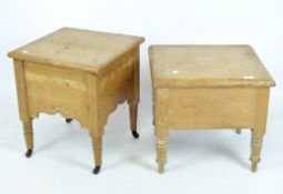 Two vintage pine chamber pot stands on turned supports,