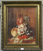 An artificially aged print of a still life of fruits and flowers,