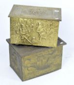 Two brass covered boxes decorated in repousse work,