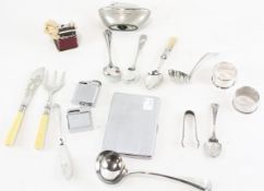 A collection of silver plated wares, including a Ronson table lighter, napkin rings,