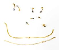 A collection of gold jewellery, including two 9ct gold chains, three pairs of 9ct gold,