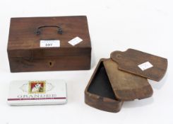 Two wooden boxes, one of rectangular form with a hinged lid and handle to the top,