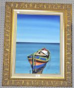 Acrylic on canvas of a colourful boat on the sea, signed lower right Deniz