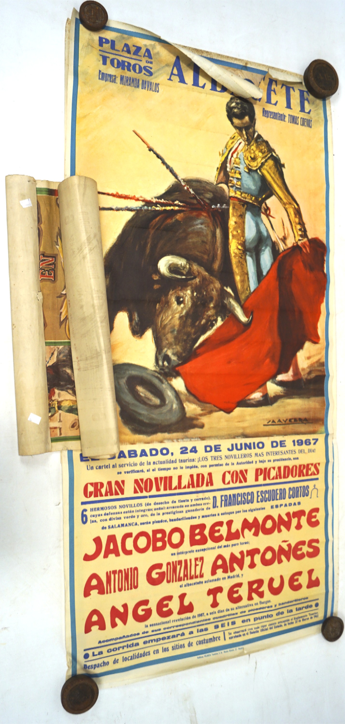 Two original vintage bullfighting advertising posters, both titled 'Plaza de Toros de Albacete',