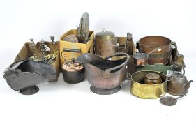A large quantity of brass and metalware, including two sets of scales, a kettles, coal scuttle,