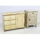 Two rustic pine cabinets, both painted cream, one with a single drawer and hinged door,