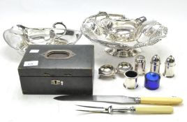 A selection of silver plated wares, to include open salts, fruit bowl with single swing handle,