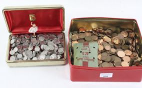 A large collection of decimal five pence and two pence coins and a bag of three-penny pieces