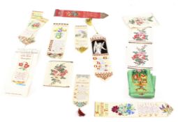 An 'Ancient Order of Foresters' sash with woven silk bookmarks and patches,