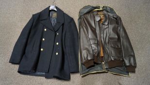 A collection of men's coats, including two leather flying jackets, sizes 46 and 48,