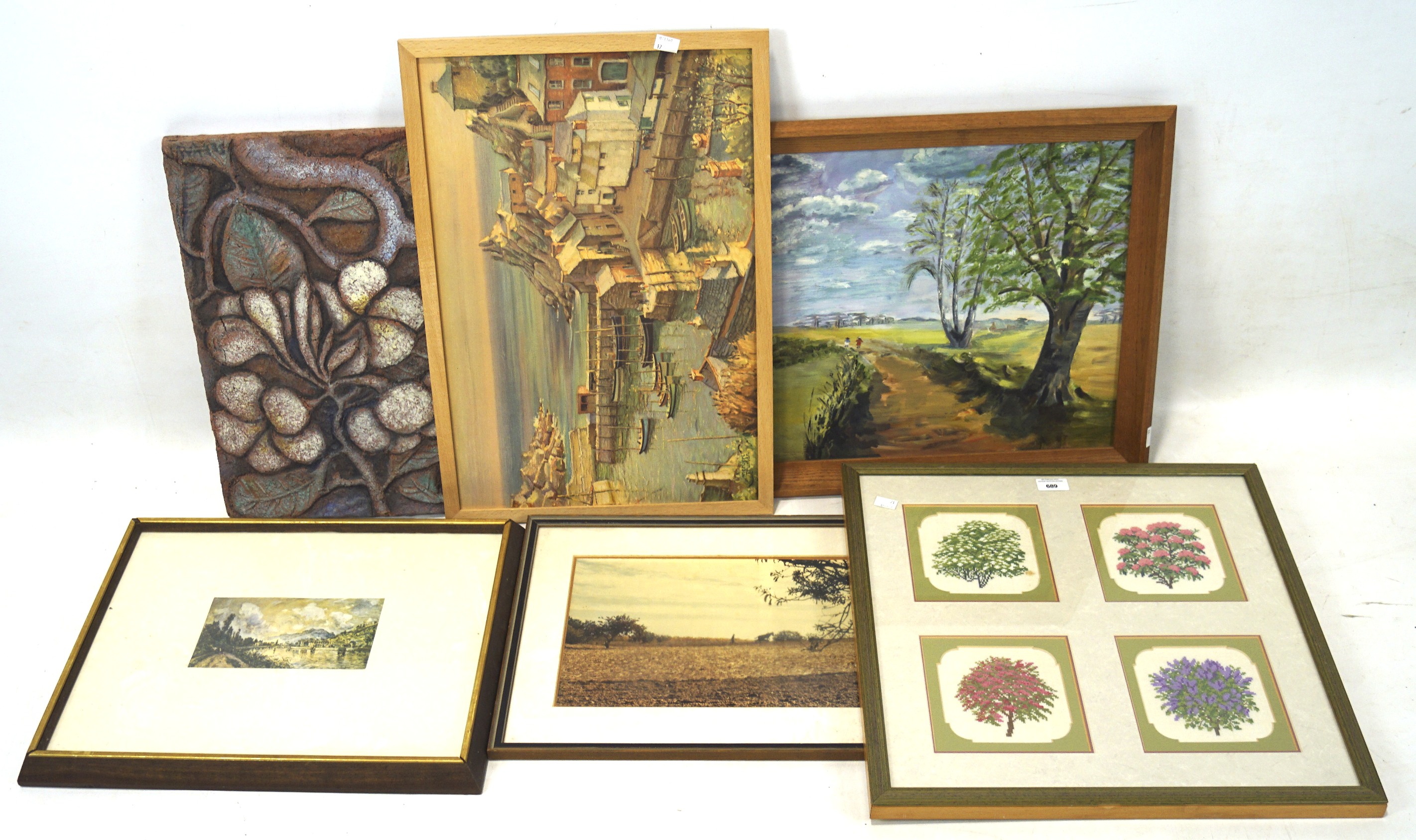 A collection of assorted pictures and prints, to include four needlework scenes depicting trees,