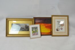 A group of pictures and prints, including a 19th century style landscape, 19cm x 44cm,