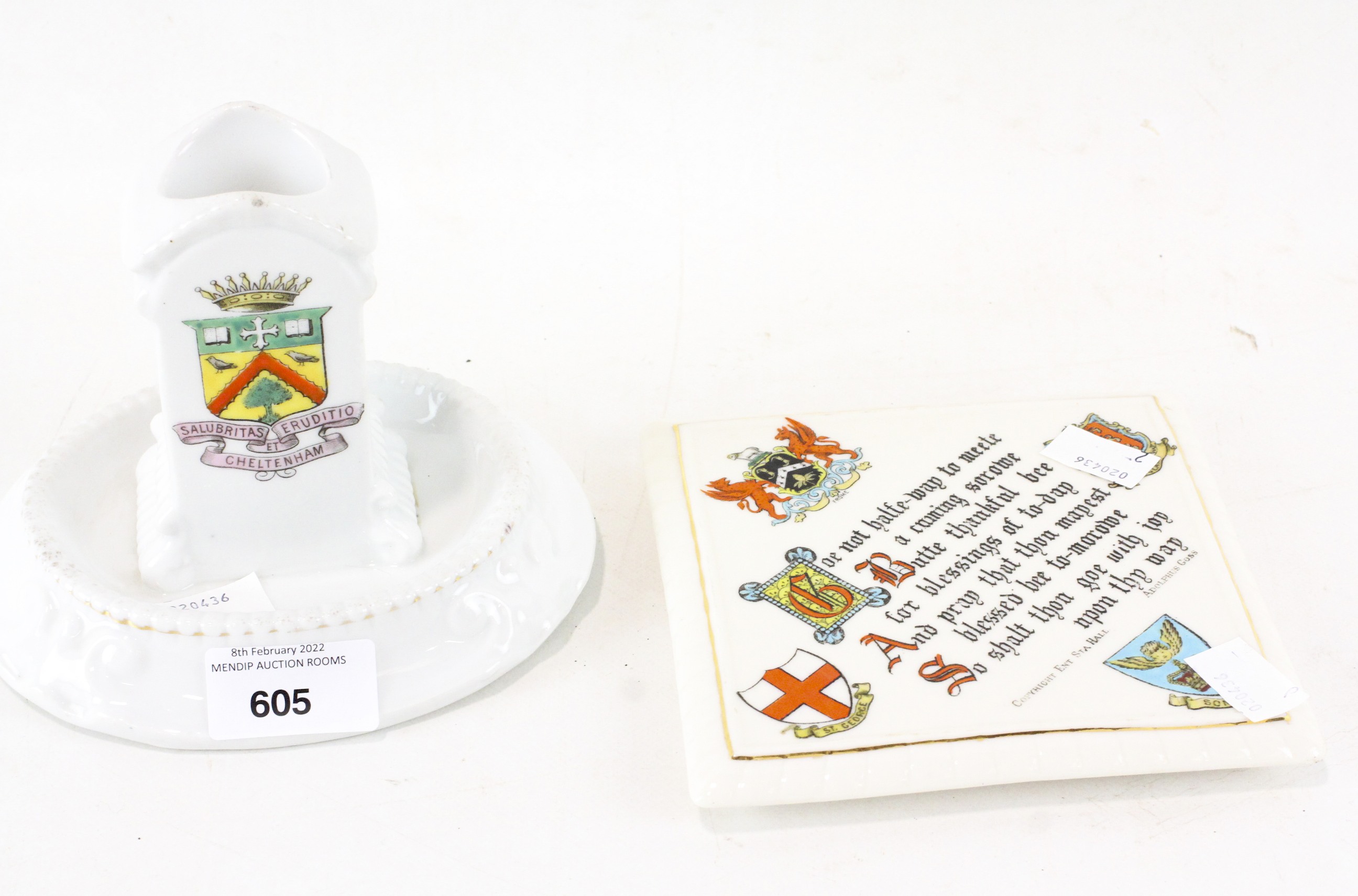 Two items of Wade ceramics, one an ash tray with a central pillar bearing the Cheltenham crest,