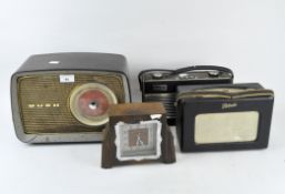 Three vintage radios and a mantle clock,