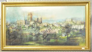 A large contemporary oil on canvas of Durham with cathedral and castle,