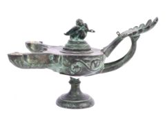 An Antique Roman-style bronze twin light oil lamp, 20th century,