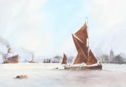 A Runagall (British, 21st Century), Shipping off Graves End, watercolour, signed lower right,