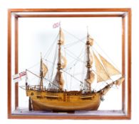 A large scratch built model of the HMS Endeavor,1763, 20th century, with rigging and cotton sails,