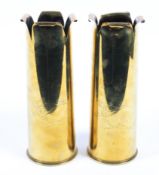 A pair of WWI copper shell casing trench art vases with chased decoration, stamped 18PR II 1916,