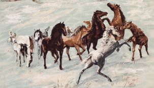 A woven picture of running horses, mid to late 20th century, mounted on board, framed,