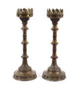 Pair of large brass Gothic style candlesticks, 20th century,