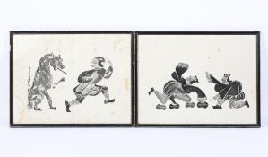 Two vintage black screen prints of theatrical Chinese figures and tiger