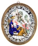 A Limoges enamel oval plaque, in the 17th century style, decorated with the Adoration of the Magi,