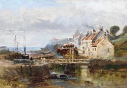 D Gray, British, 20th Century School, Figures on a Bridge in Harbour, oil on board,