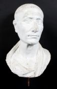 A white painted plaster bust of a gentleman, early 20th century, draped and bust-length,