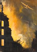 JL Jones Acrylic on board, 'Bath Under Attack' Julian Road on fire, April 1942,