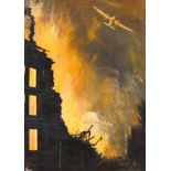 JL Jones Acrylic on board, 'Bath Under Attack' Julian Road on fire, April 1942,