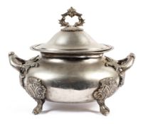 A large late 19th early 20th century silver plated lidded tureen with cast loop handles and feet,