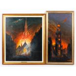 Two Acrylic on board paintings of the Bath Blitz April 1942 depicting St James Church Henry Street
