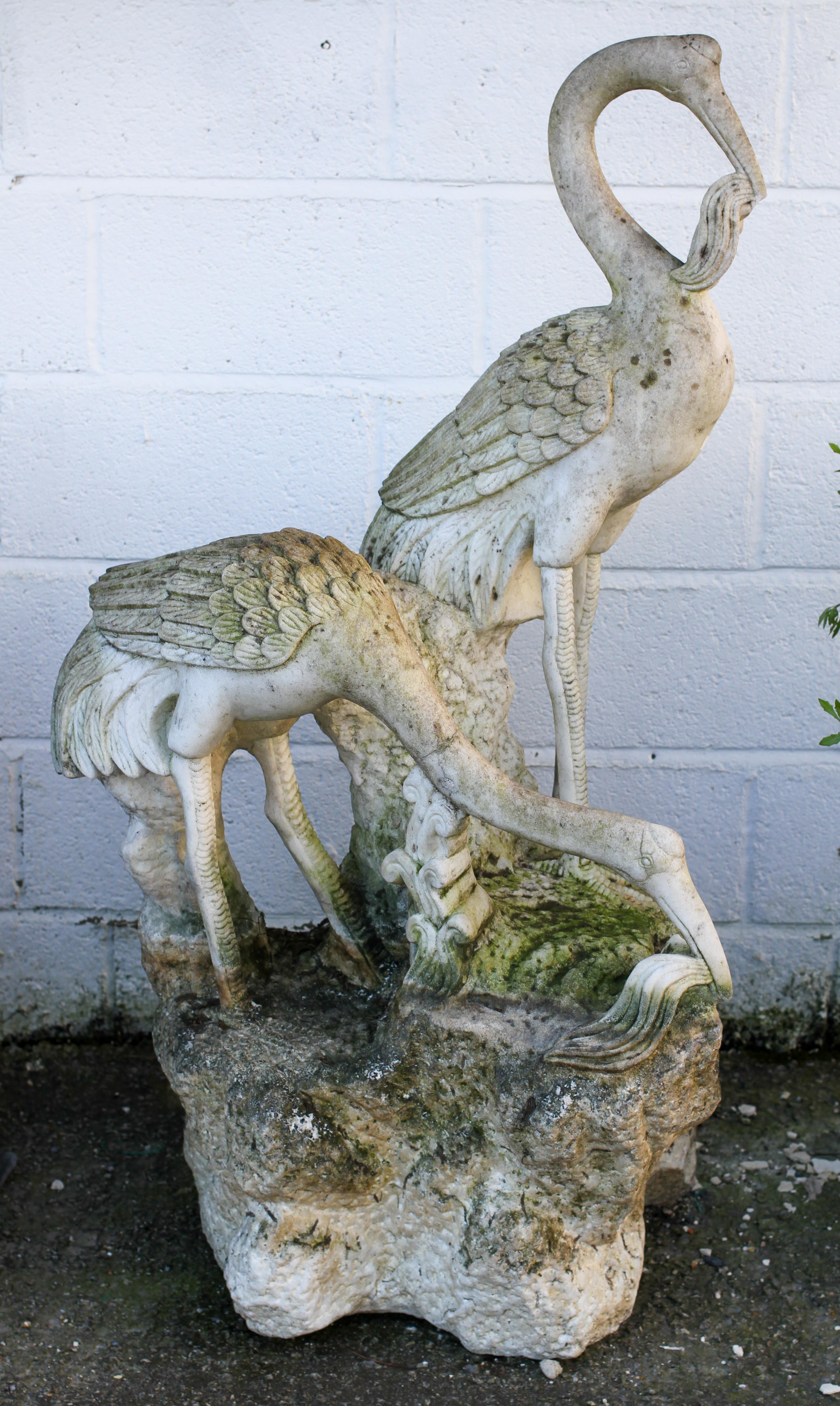 A large 20th century marble statue of two cranes standing on a rock, - Image 2 of 4