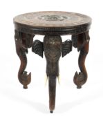 An Indian carved hardwood elephant tripod occasional table, 20th century,