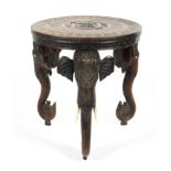 An Indian carved hardwood elephant tripod occasional table, 20th century,