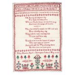 A Victorian alphanumeric sampler, sewn in red and green, also featuring a religious poem,