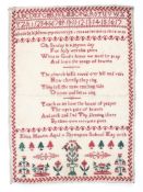 A Victorian alphanumeric sampler, sewn in red and green, also featuring a religious poem,