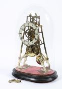 A gilt brass skeleton clock, with single chain fusee movement on oval wooden base with glass dome,