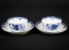 Two Worcester porcelain blue and white Mansfield pattern teabowls and saucers, circa 1765,