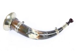 A Victorian silver-plate mounted hunting horn, with stag and archer mounts,